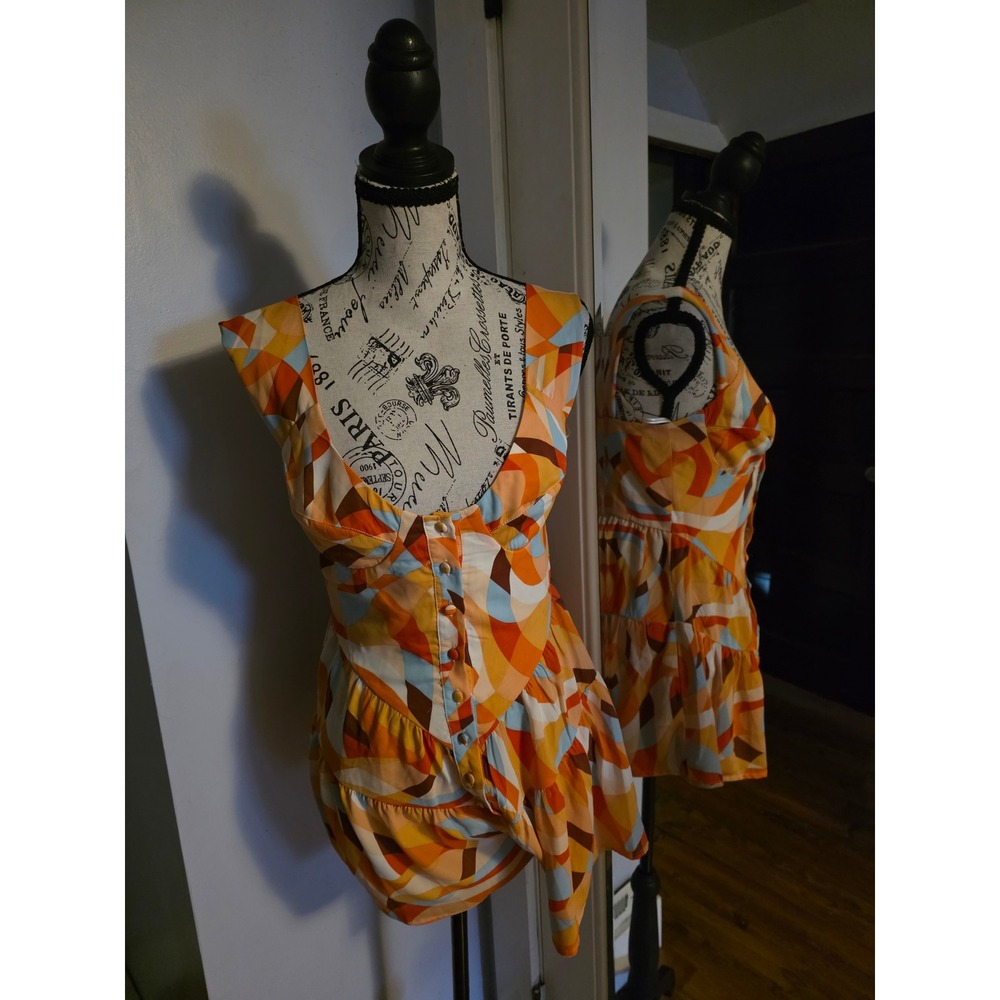 Endless Blu Geometric Print Button Front Tiered Ruffle‎ Sleeveless Romper Retro